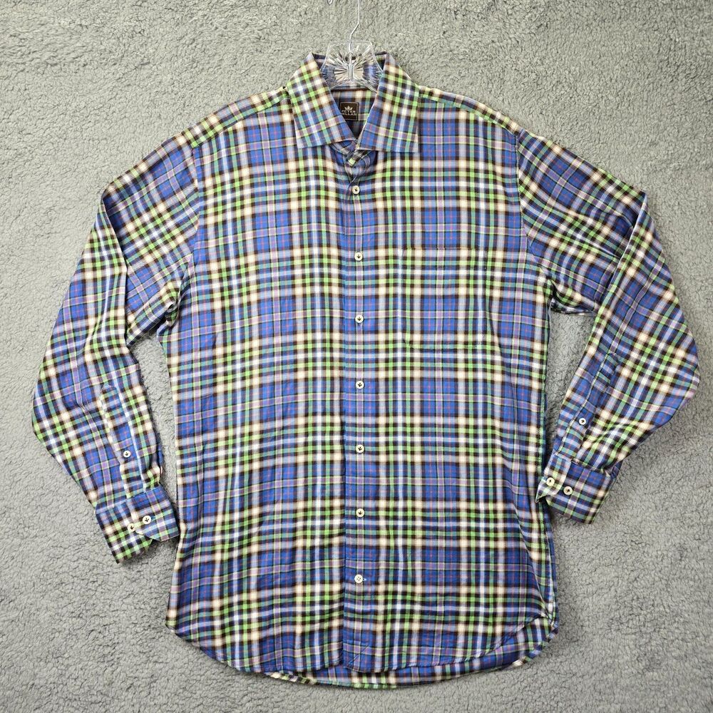 Peter Millar Men's Blue Plaid Shirt 100% Cotton Long Sleeve Size M